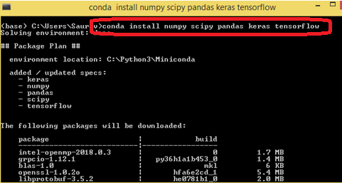 conda install numpy scipy pandas keras tensorflow scikit